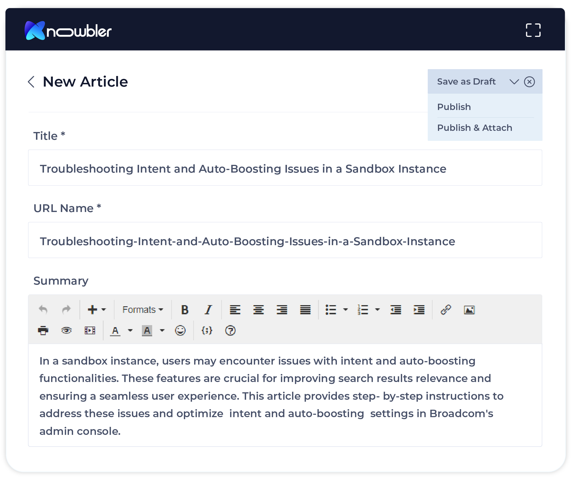 Article creation in knowbler